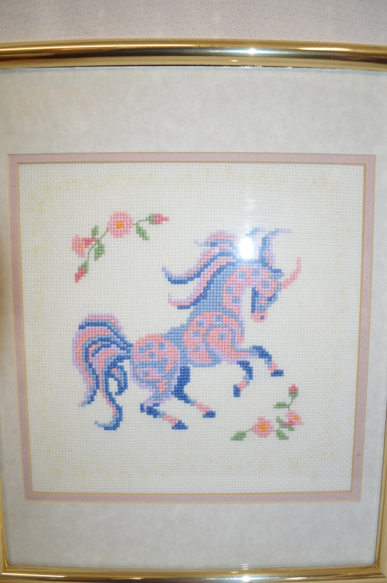 VINTAGE UNICORN Handmade Embroidered 9 in Frame 12 x 15 Purple PINK Blue