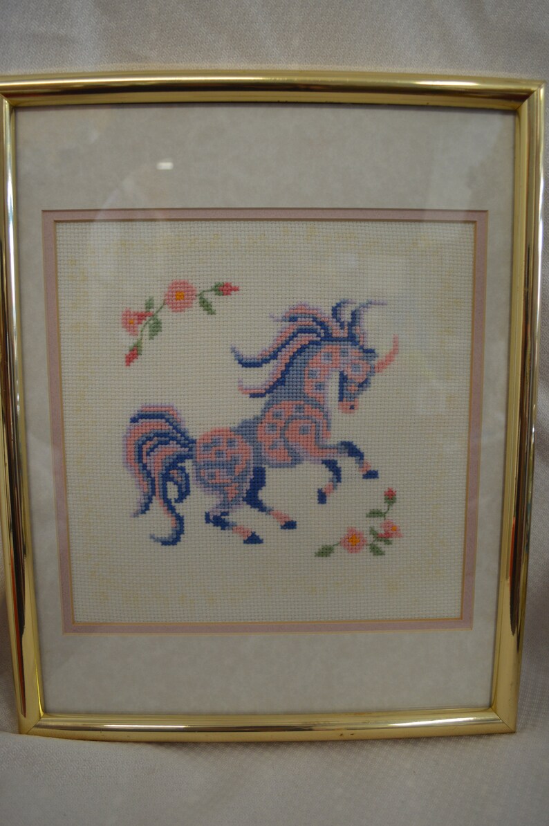 VINTAGE UNICORN Handmade Embroidered 9 in Frame 12 x 15 Purple PINK Blue