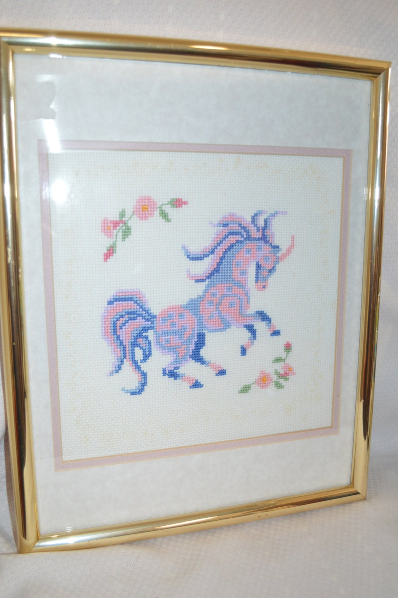 VINTAGE UNICORN Handmade Embroidered 9 in Frame 12 x 15 Purple PINK Blue