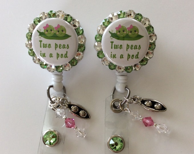 Two Peas in a Pod Retractable Reel Badge Holder with Charm and Beads