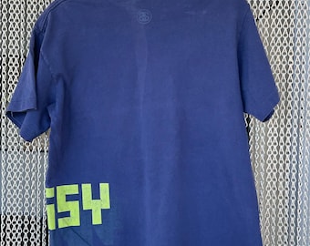 Vintage Stussy T-Shirt - Washed Navy Blue, Neon Logo, Size M