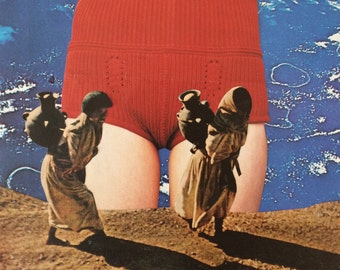 May include: Three figures in brown robes carry clay pots on their shoulders, walking on a sandy path. The figures are positioned in front of a woman's red and pink swimsuit, which is partially visible against a blue and white background.