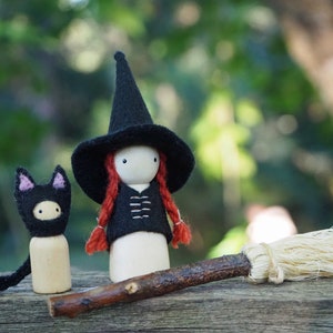 Witch Peg Doll, Choose Your Hair Colour, Wood and Wool Felt Witch, Halloween Witch, Steiner Inspired image 7