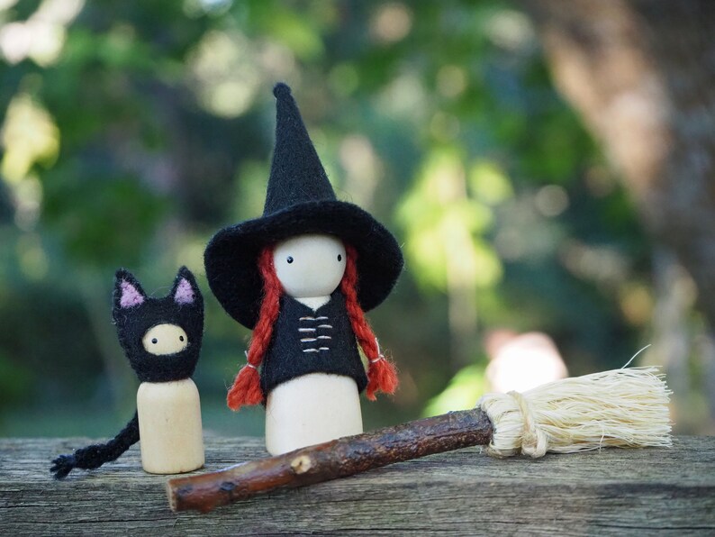 Witch Peg Doll, Choose Your Hair Colour, Wood and Wool Felt Witch, Halloween Witch, Steiner Inspired image 7