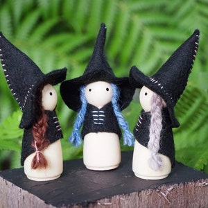 Witch Peg Doll, Choose Your Hair Colour, Wood and Wool Felt Witch, Halloween Witch, Steiner Inspired image 2