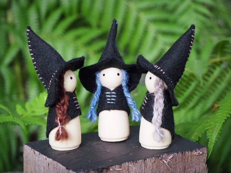 Witch Peg Doll, Choose Your Hair Colour, Wood and Wool Felt Witch, Halloween Witch, Steiner Inspired image 2