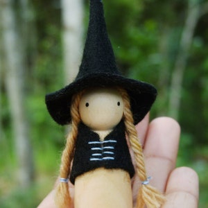 Witch Peg Doll, Choose Your Hair Colour, Wood and Wool Felt Witch, Halloween Witch, Steiner Inspired image 3