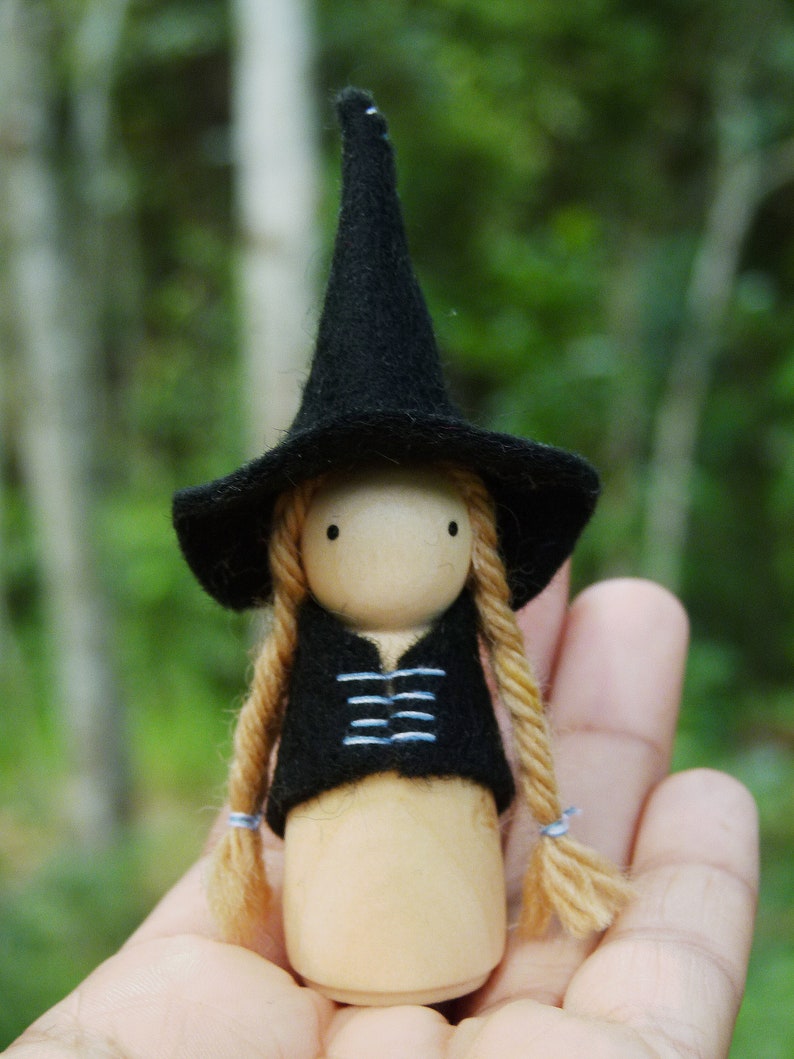 Witch Peg Doll, Choose Your Hair Colour, Wood and Wool Felt Witch, Halloween Witch, Steiner Inspired image 3