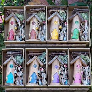 Fairy Garden Kit with Wooden Fairy House, Choice of 8 Colours, Gift Box of Rustic Fairy Accessories, Natural Fairy Materials, Plastic Free