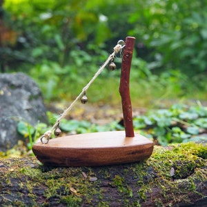 Wooden Fairy Sailboat, Ornamental Miniature Boat with Bells, Tiny Rustic Boat