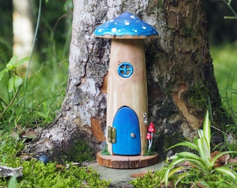 Blue Wooden Mushroom House, OOAK Rustic Fairy House, Toadstool Gnome Home, Tooth Fairy House, Amanita Mushroom