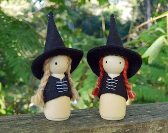 Witch Peg Doll, Choose Your Hair Colour, Wood and Wool Felt Witch, Halloween Witch, Steiner Inspired