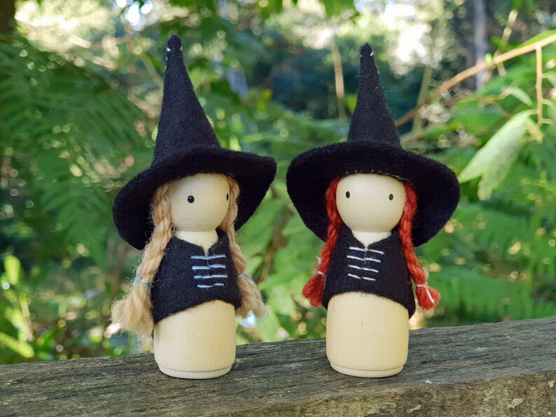 Witch Peg Doll, Choose Your Hair Colour, Wood and Wool Felt Witch, Halloween Witch, Steiner Inspired image 1