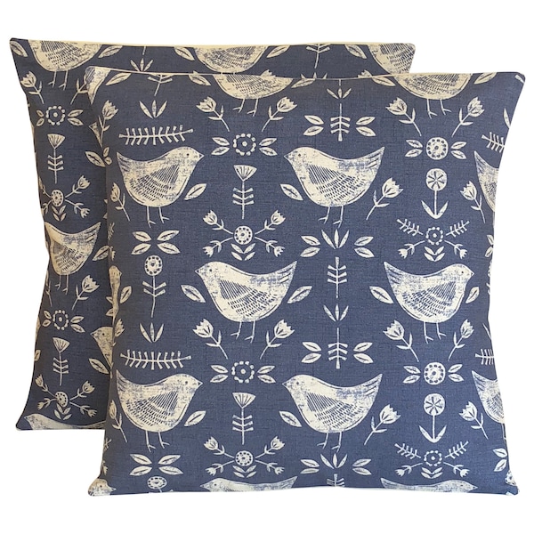 Scandi Bird Print Cushion Cover: Blue & Off-White Narvik Style 16”-24”