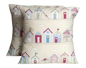2 x 16” Fryetts Beach Huts  Coastal Seaside Cushion Covers