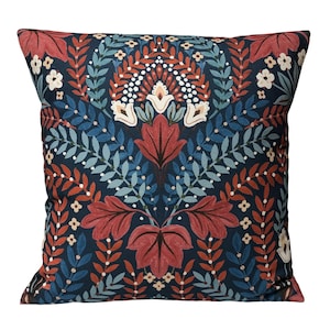 Red & Navy Floral Cushion Cover: Vintage Style Cotton, 16"
