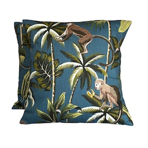 2 x Fryetts Monkey Jungle Teal Green Tropical Print Cushion Covers (16”-24”)