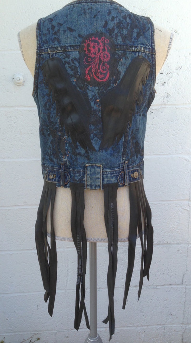 Industrial Punk Denim Vest Vintage Hand Painted Vest /& Bike Tube Trim Original One of a Kind Size Medium