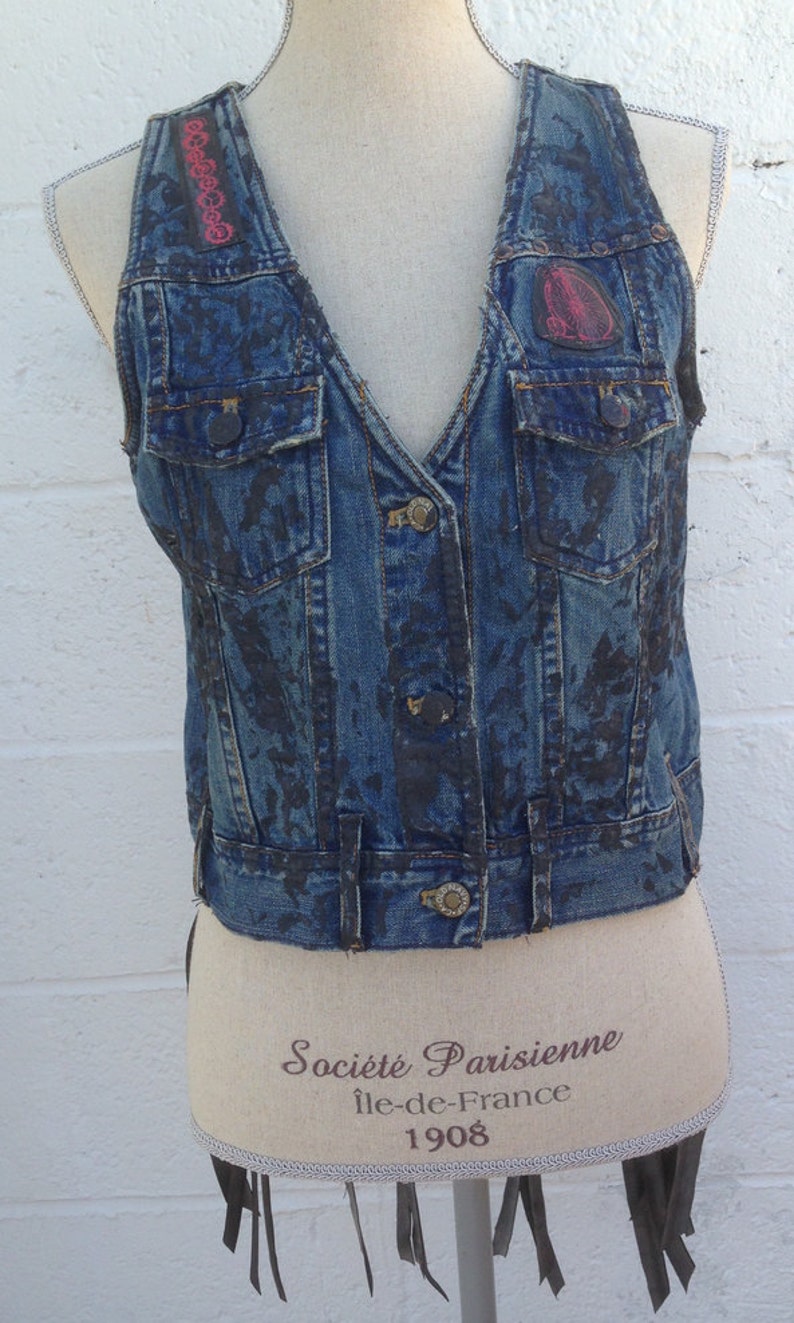 Industrial Punk Denim Vest Vintage Hand Painted Vest /& Bike Tube Trim Original One of a Kind Size Medium