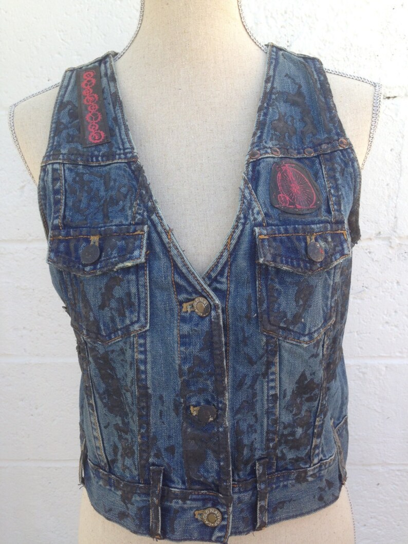 Industrial Punk Denim Vest Vintage Hand Painted Vest /& Bike Tube Trim Original One of a Kind Size Medium