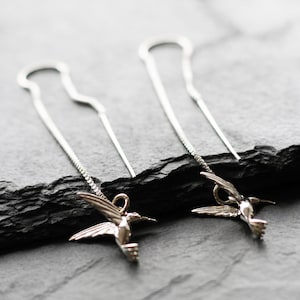 Hummingbird Threader Earrings. Long Pull Through Chain. Sterling Silver hummingbird Bird Charm. Long Dangle, Drop, Bird Statement Earrings
