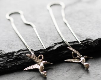Hummingbird Threader Earrings. Long Pull Through Chain. Sterling Silver hummingbird Bird Charm. Long Dangle, Drop, Bird Statement Earrings