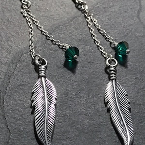 Feather Birthstone Earrings. Sterling Silver Long Chain Dangle, Statement Earrings. May Birthday Jewellery. Pagan Gift Symbolic Earrings