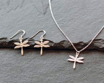 Dragonfly Necklace and  Earrings Set. Sterling Silver Layering Necklace. Nature Lover Jewellery Set, Dragonfly Jewellery. Dragonfly Gift Uk