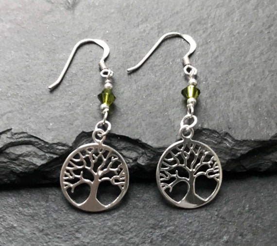 August Birthstone Gift Silver Peridot Tree of Life Earrings for Women 1st Anniversary