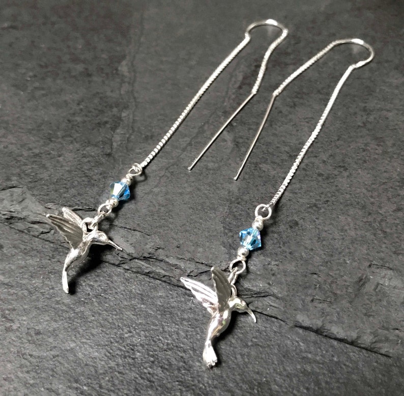 Hummingbird Threader Earrings. Aquamarine Birthstone. Sterling Etsy