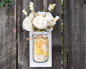 Mason Jar Wall Sconce White Rose Sola Wood Flowers in Kerr Mason Jar Wall Decor, Farmhouse Kerr Mason Jar Country Home Decor