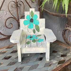 Miniature Adirondack Chair, Wooden Garden Mini Chair Hand Painted with Turquoise Flowers, Gift, Gardening Art Window