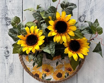 Basket of Sunflowers Home Decorative Wall Hanging, Sun Flowers, Flower Arrangement Wall Art, Rustic Farmhouse Basket of Flowers