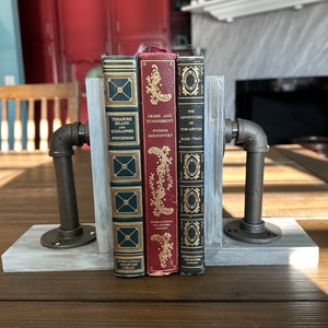 Industrial Pipe Bookends, Book Ends, Decorative Book Holders, Hand Painted Rustic Décor (Set of 2), Steampunk Wood Bookends Handmade