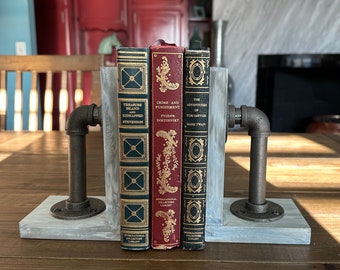 Industrial Pipe Bookends, Book Ends, Decorative Book Holders, Hand Painted Rustic Décor (Set of 2), Steampunk Wood Bookends Handmade