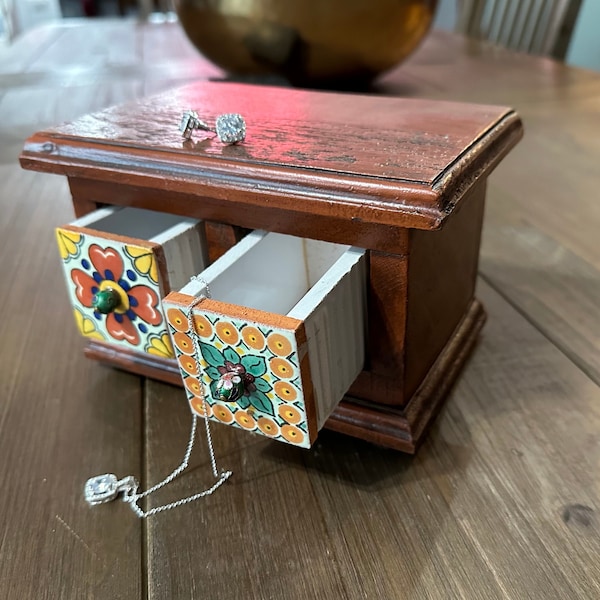 Apothecary Spice Cabinet, Handmade Herb Drawers With Mexican Tile Front & Handcrafted Wood Cabinet, Painted Old World Style