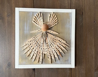 Clothespin Angel Wall Décor, Hanging Art Wood Angel, Clothespin Winged Angel Framed Artistic Wood Wall Art with Cross Pendant.