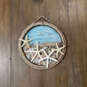 Nautical Ocean Scene Wall Hanging, Tropical Resin Mosaic Seashells and Starfish Wall Décor, Beach Décor, Coastal Wall Art
