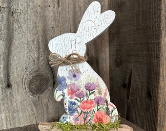 Wooden Bunny Decorative Rabbit with Decoupage Flowers on Driftwood, Rustic Bunny, Spring Bunny, Easter Rabbit, Chunky Bunny, Farmhouse Décor