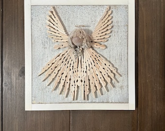 Clothespin Angel Wall Décor, Hanging Art Wood Angel, Clothespin Winged Angel Framed Artistic Wood Wall Art with Cross Pendant.