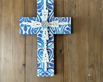 Wood Cross, Religious Cross Handmade Wood with Blue Vinyl Design, Religious Spiritual Gift, Crucifix, Clothespin Wall Cross, Home Decor