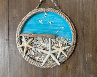 Nautical Seashell Wall Hanging, Starfish & Driftwood, Coastal Decor