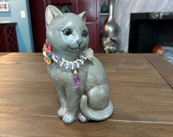 Bejeweled Cat Statue Hand Painted Made of Concrete with Vintage Jewelry, Kitten Figurine, Jeweled Cat Posed Door Stop, Home Décor