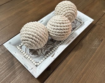 White Rope Wrapped Décor Balls with Tray, Farmhouse Country Home Accents, Decorative Balls,