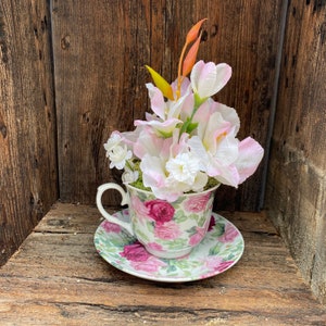 Teacup Tulip Flower Arrangement, Gift For Mom, Wedding Gift, White Gladiolas in a Tea Cup with Pink Roses, Ready To Ship, Teacup & Saucer