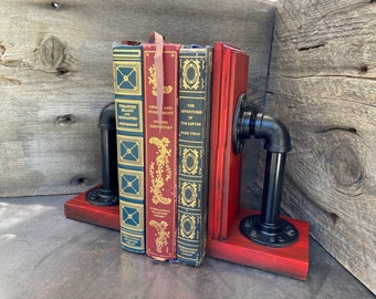 Industrial Pipe Bookends, Book Ends, Decorative Book Holders, Hand Painted Rustic Décor (Set of 2), Steampunk Wood Bookends Handmade