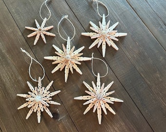 Snowflake Christmas Ornament, Clothespin Snow Flake,  Wooden Snowflake