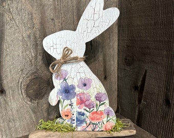 Wooden Bunny Decorative Rabbit with Decoupage Flowers on Driftwood, Rustic Bunny, Spring Bunny, Easter Rabbit, Chunky Bunny, Farmhouse Décor