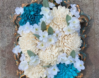 Wall Hanging, Flower Arrangement Wall Art, Wood Flowers, Ornate Metal Frame Assemblage Art, Floral Arrangement, Home Decor Wall