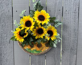 Basket of Sunflowers Home Decorative Wall Hanging, Sun Flowers, Flower Arrangement Wall Art, Rustic Farmhouse Basket of Flowers